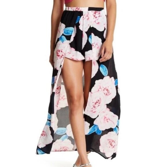 Peach Love California Maxi Skirt Shorts Black Floral Overlay Flowy Chiffon Skort - Picture 2 of 11